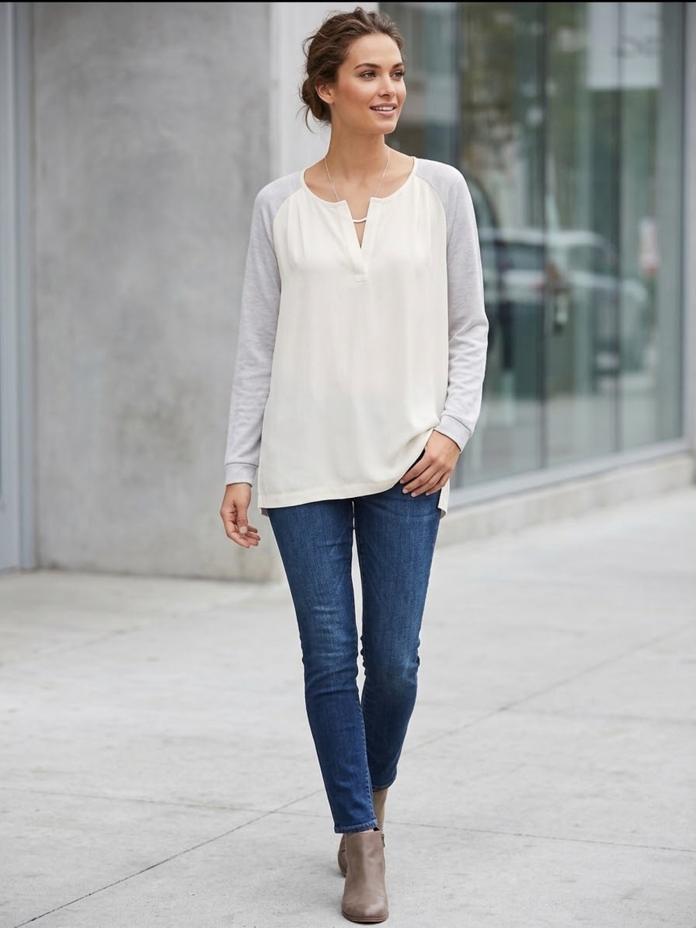 LOFT Two-Tone Raglan Long Sleeve Top in Ivory and Light Gray
